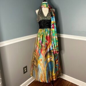 Cinderella Divine Halter Gown Sequin Beaded Abstract art Print Prom Dress Y2K